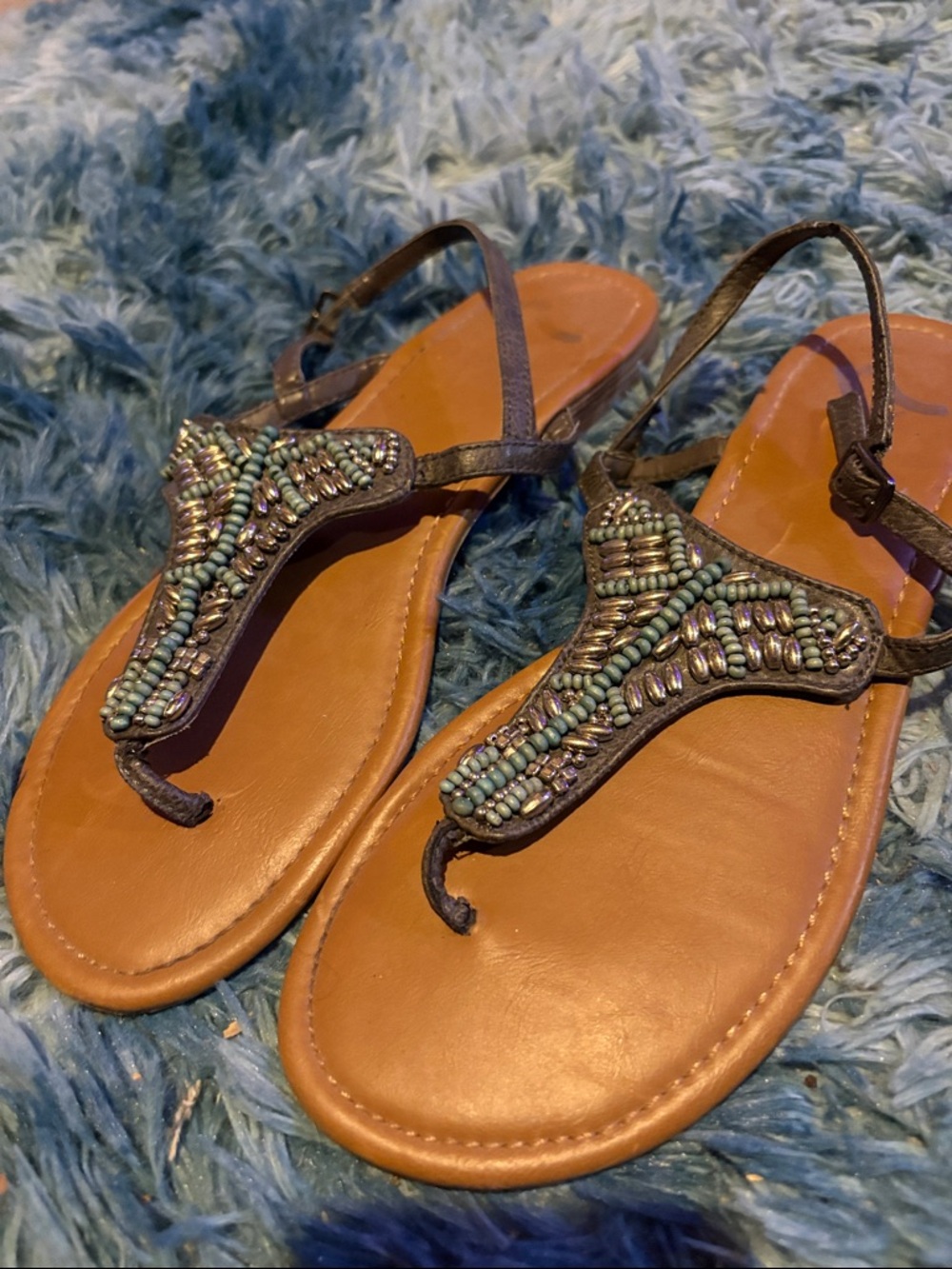 Report Brown Leatherette T-Strap Sandals with Iridescent Beading With Grey Strap
